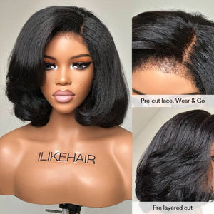 Put on & Go Side Part Short Layered Bob Kinky Edges Wig