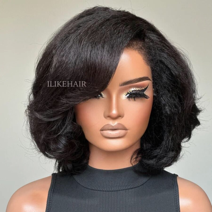 Put on & Go Side Part Short Layered Bob Kinky Edges Wig