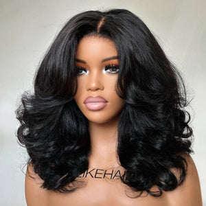 Glueless Layered Wavy Pre-cut With Curtain Bangs Lace Closure Wig