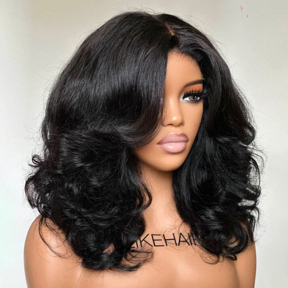 Glueless Layered Wavy Pre-cut With Curtain Bangs Lace Closure Wig