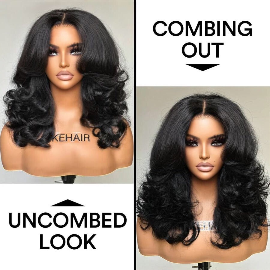 Glueless Layered Wavy Pre-cut With Curtain Bangs Lace Closure Wig