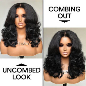 Put on & Go Designer Layered Curtain Bangs Wavy Lace Closure Wig