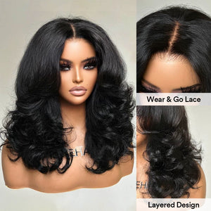 Glueless Layered Wavy Pre-cut With Curtain Bangs Lace Closure Wig