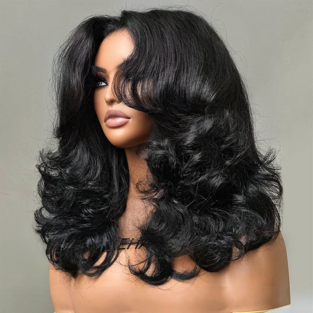 Put on & Go Designer Layered Curtain Bangs Wavy Lace Closure Wig