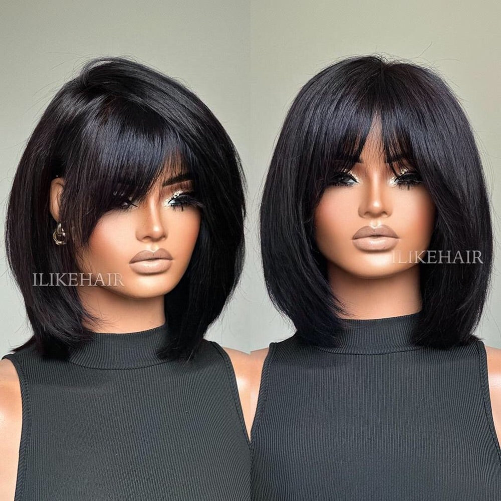 Short Face-Framing Layered Cut Straight Lace Closure Wig With Bangs