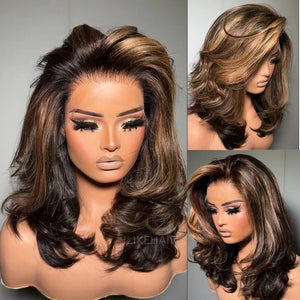 Blonde Highlight With Dark Brown Layered Wavy Lace Wig