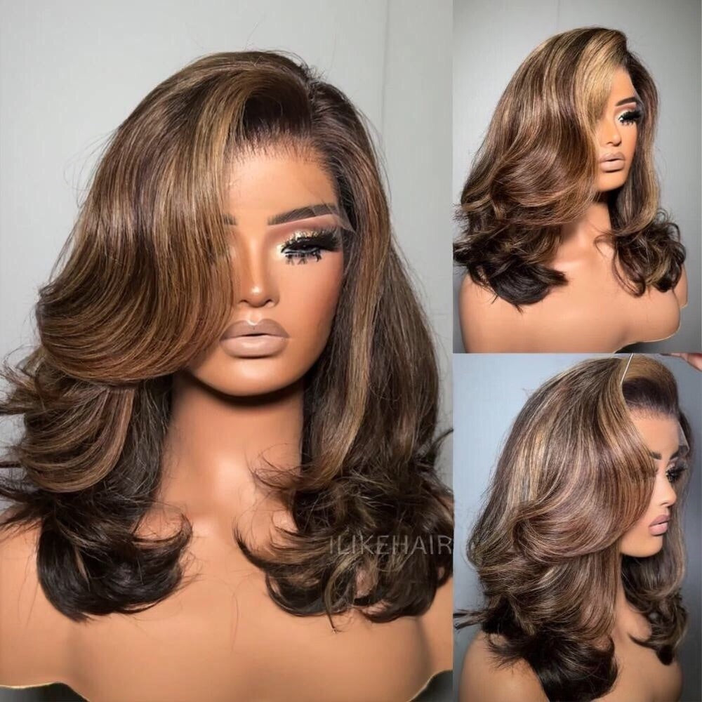 Blonde Highlight With Dark Brown Layered Wavy Lace Wig