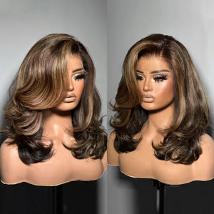 Blonde Highlight With Dark Brown Layered Wavy Lace Wig