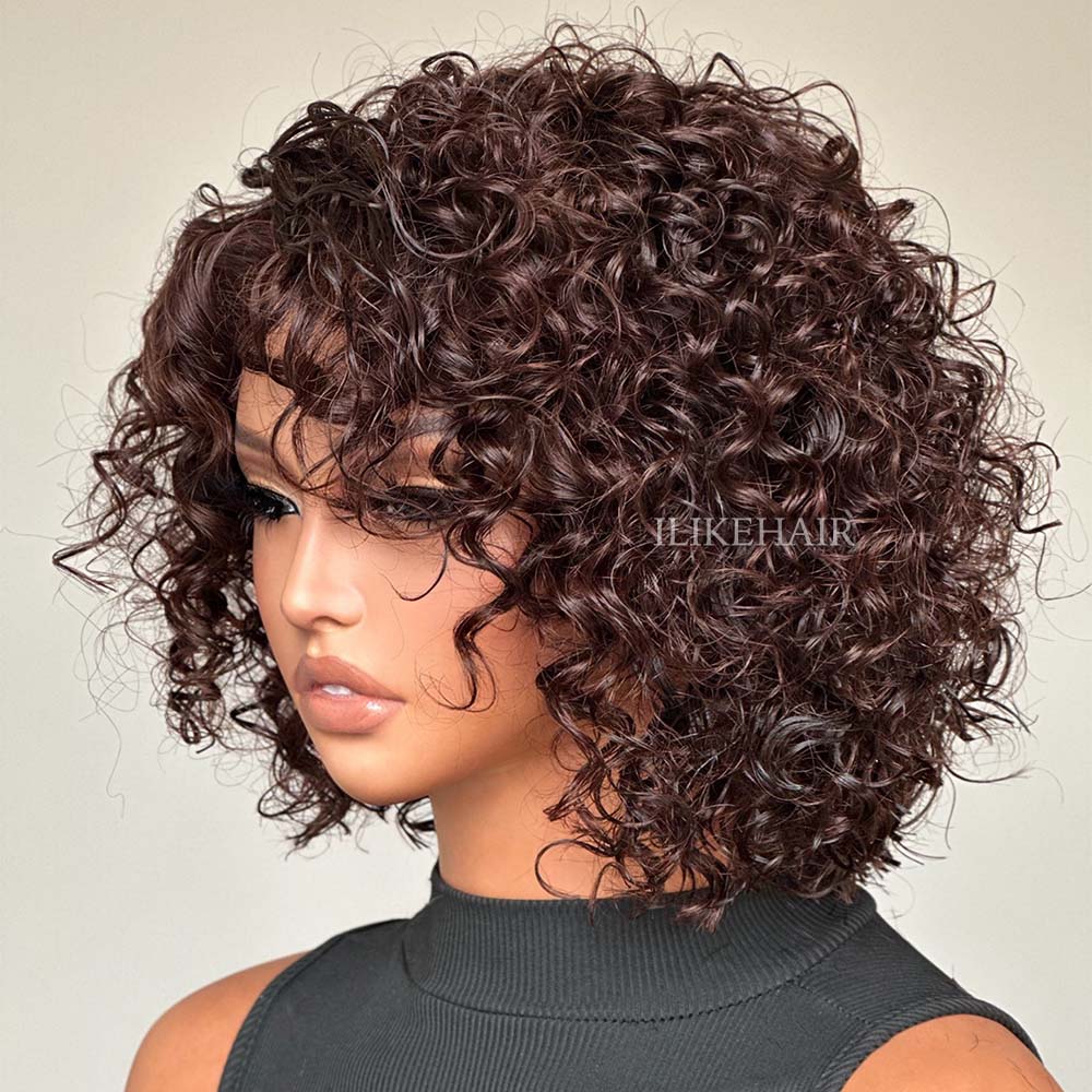 Glueless Dark Brown Short Curly Bob Lace Closure Wig