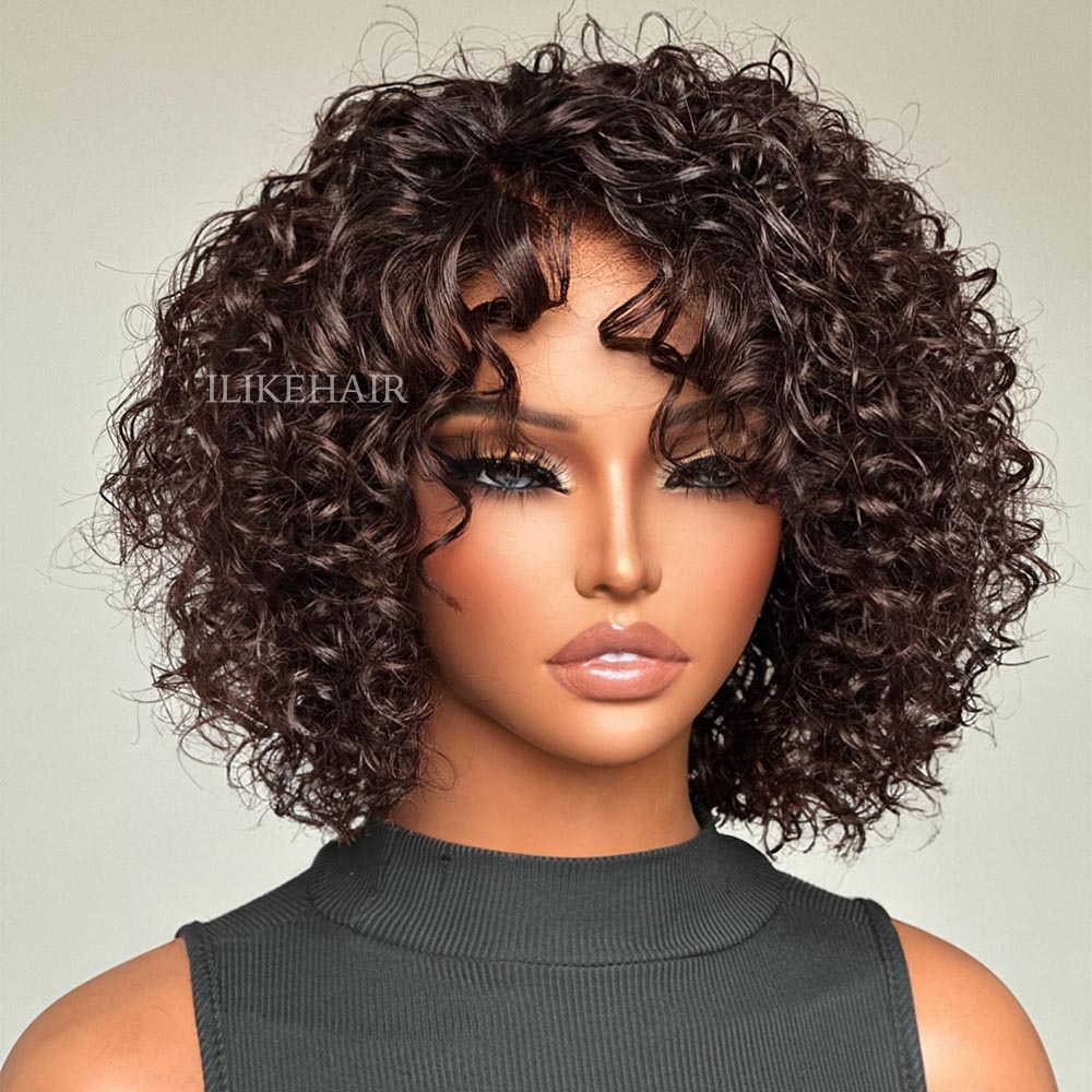 Glueless Dark Brown Short Curly Bob Lace Closure Wig