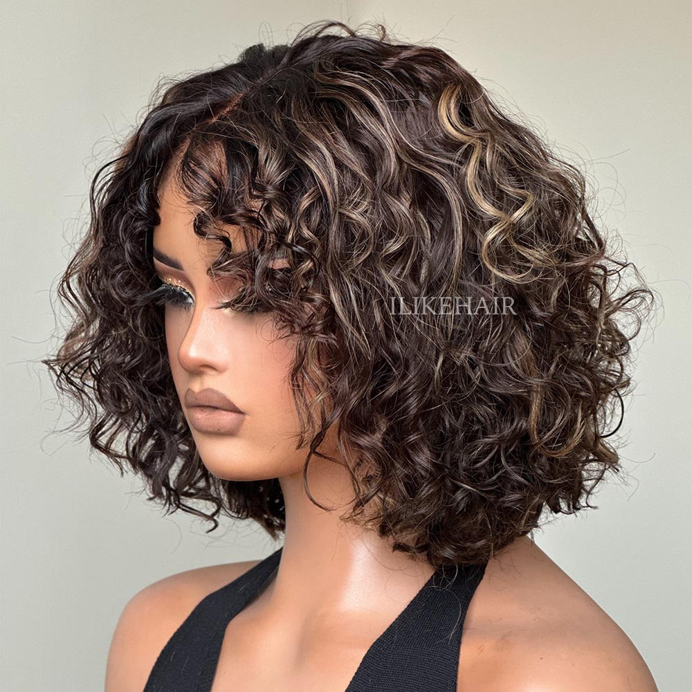 Short Blonde Highlights Glueless Pixie Curly Lace Closure Wig