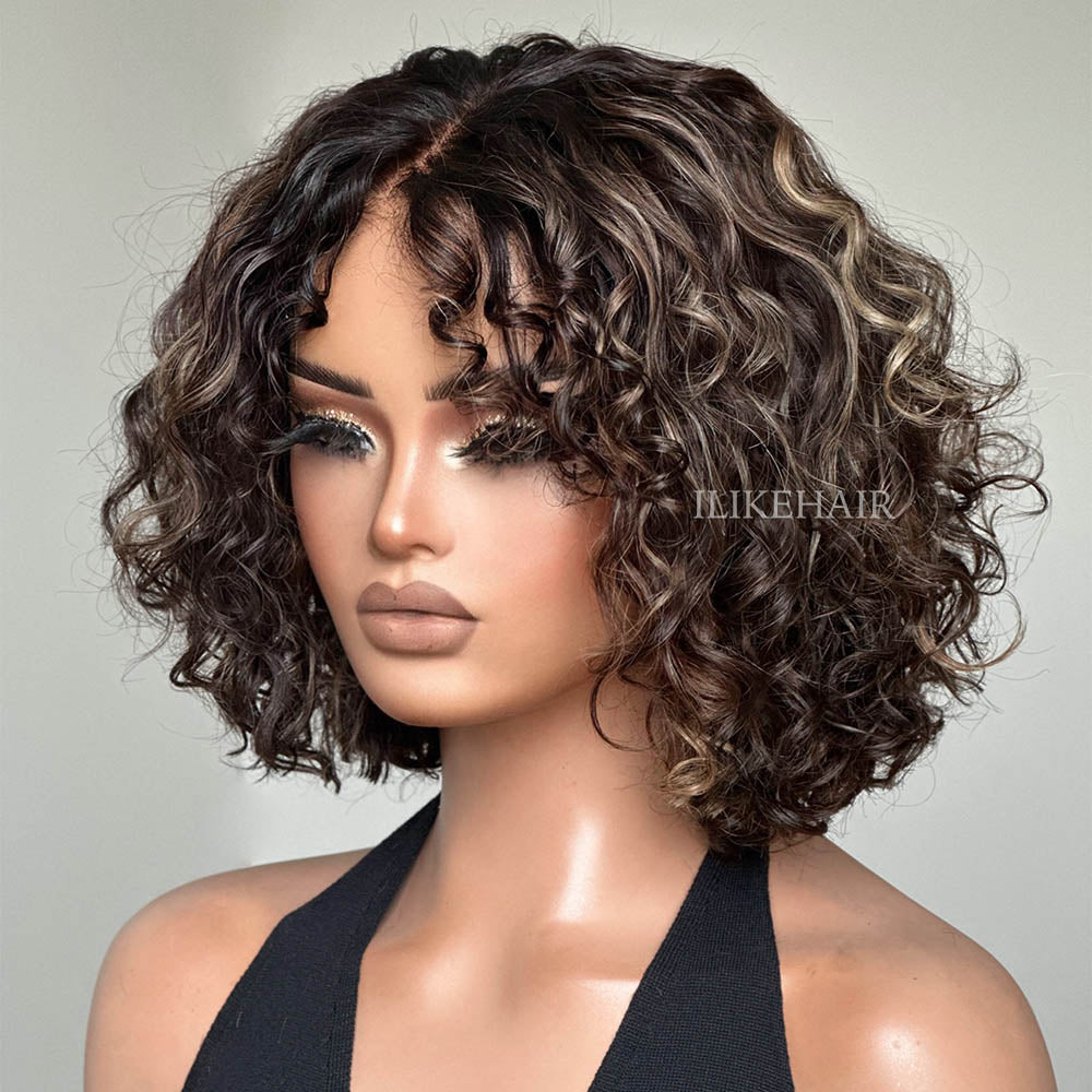 Short Blonde Highlights Glueless Pixie Curly Lace Closure Wig