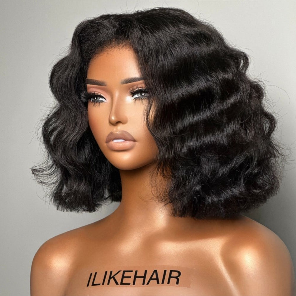 Put on & Go Short Wavy Kinky Edges Bob Pre Cut HD Lace Wig