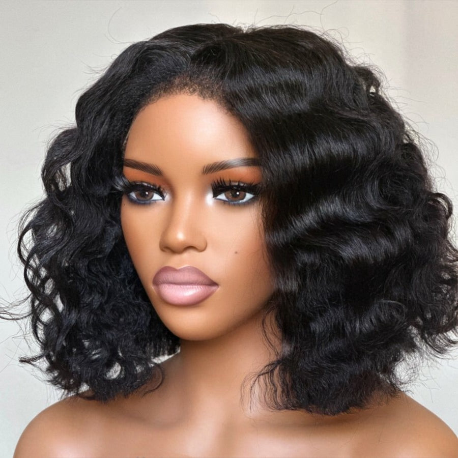 Put on & Go Short Wavy Kinky Edges Bob Pre Cut HD Lace Wig