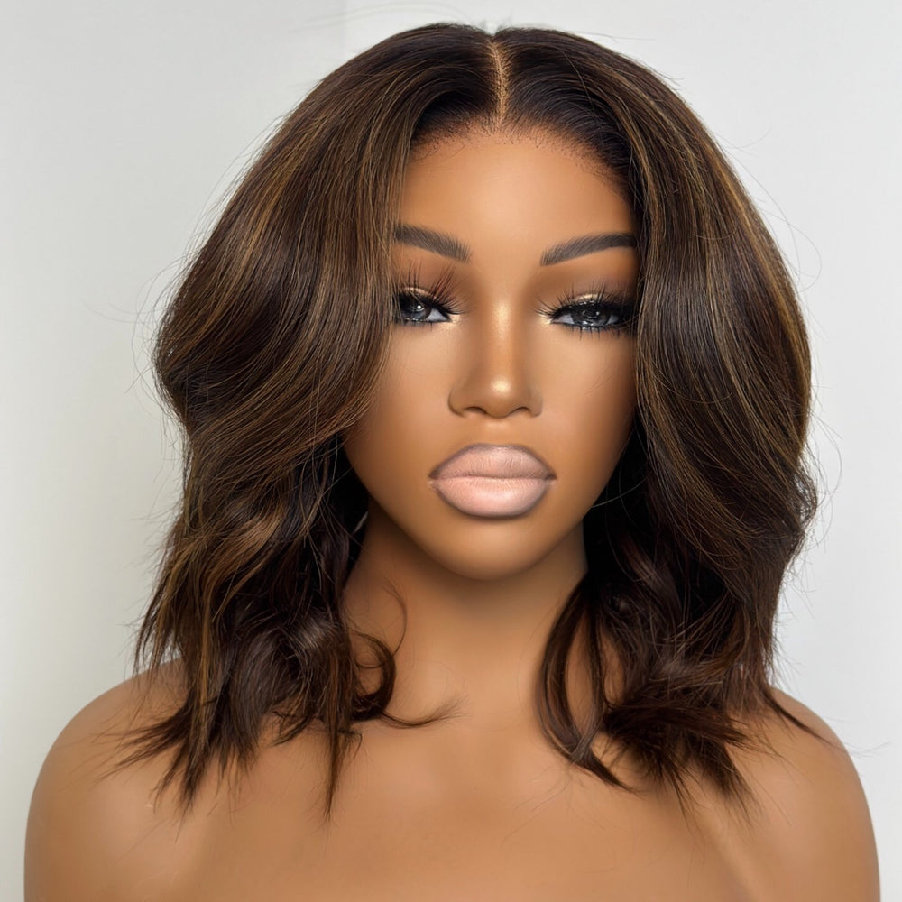 Put On & Go Brown Highlight Fluffy Wave Bob Wig