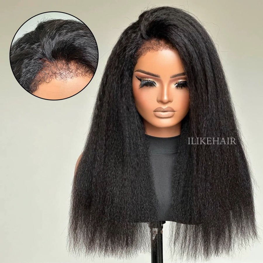 Glueless Hybrid Hairline With Kinky Straight 9x4 Lace Ventilated Wig