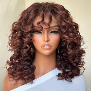 Glueless Reddish Brown With Dark Root Bouncy Curl  Lace Wig