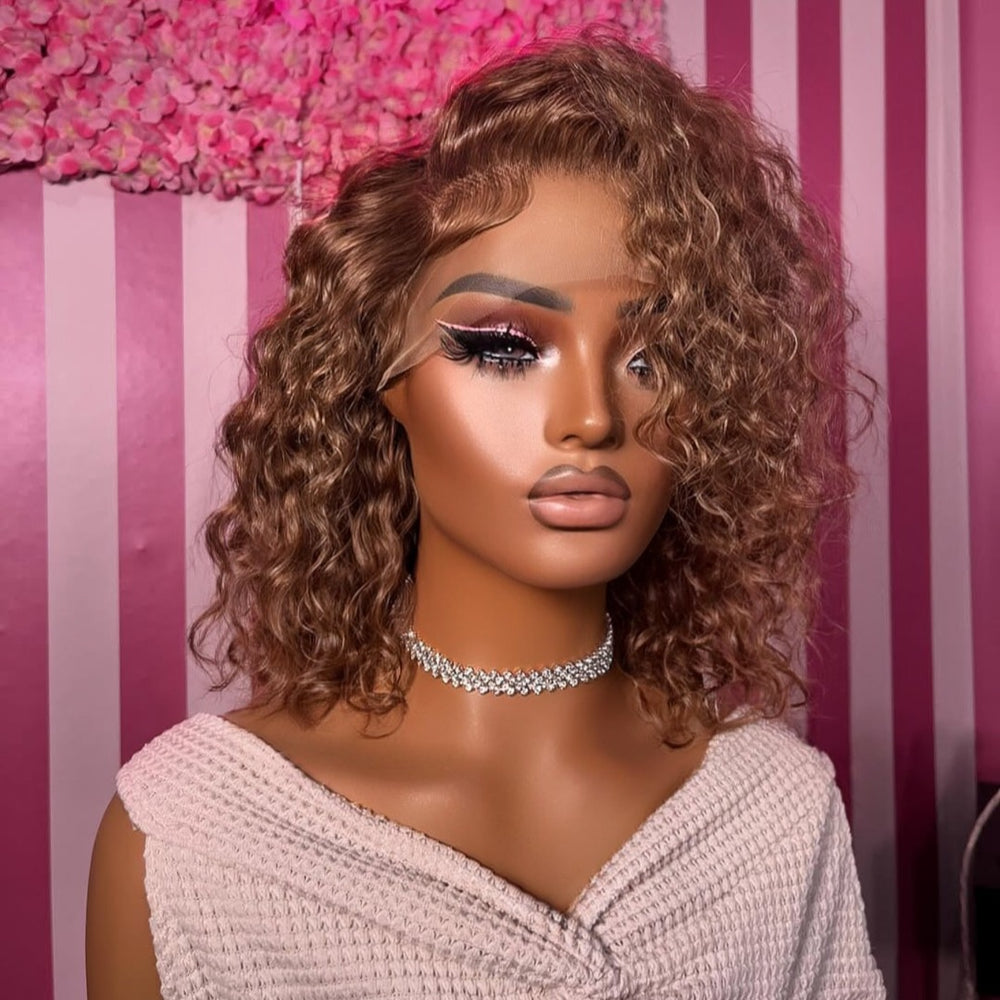 Honey Brown Curly Human Hair 13x4 Frontal Lace Wig