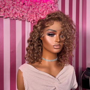 Honey Brown Curly Human Hair 13x4 Frontal Lace Wig