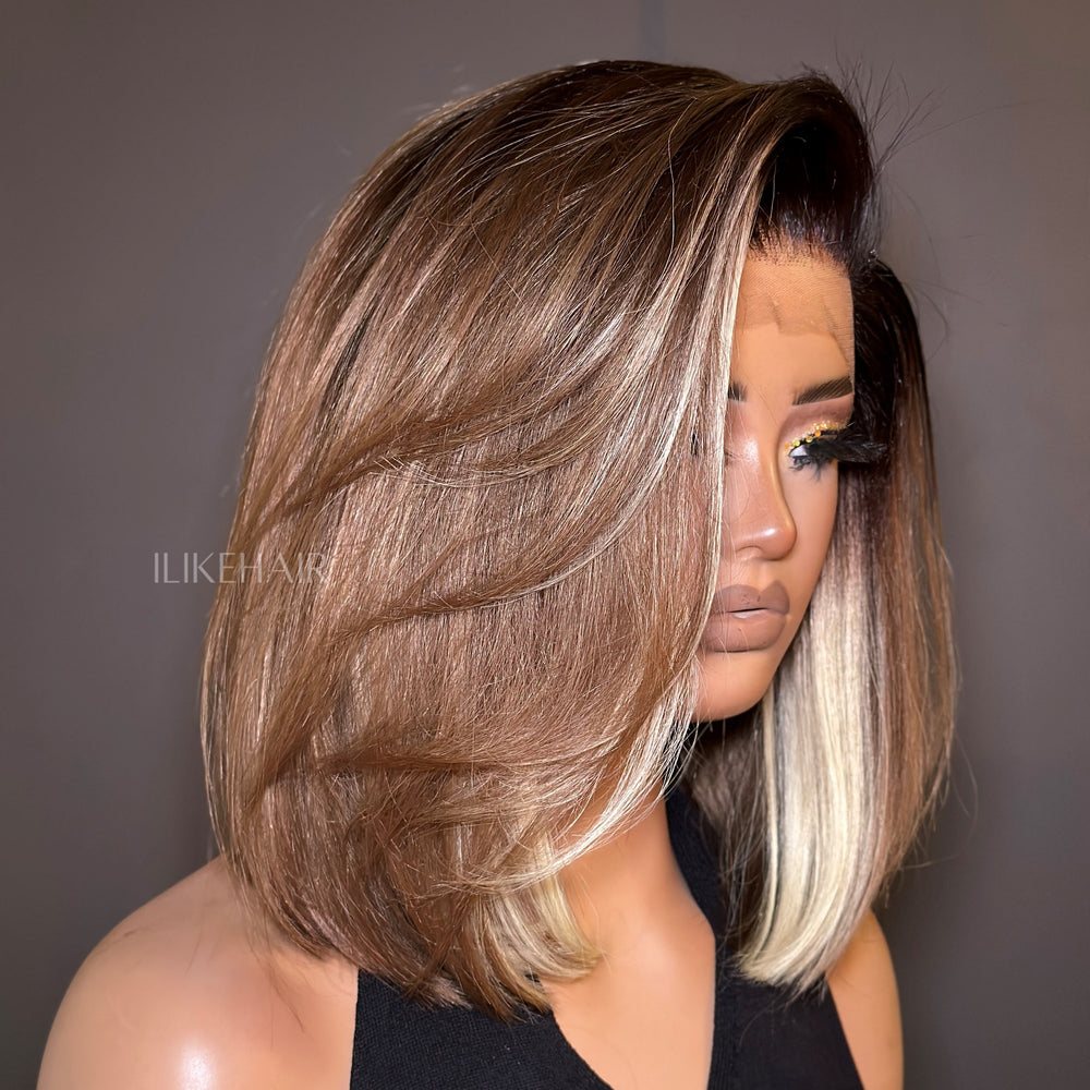 Ash Blonde Balayage Brown Highlight With Dark Root Straight Bob 13x4 Lace Front Wig