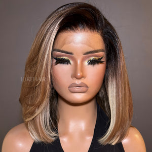 Ash Blonde Balayage Brown Highlight With Dark Root Straight Bob 13x4 Lace Front Wig