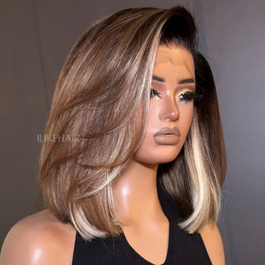 Ash Blonde Balayage Brown Highlight With Dark Root Straight Bob 13x4 Lace Front Wig