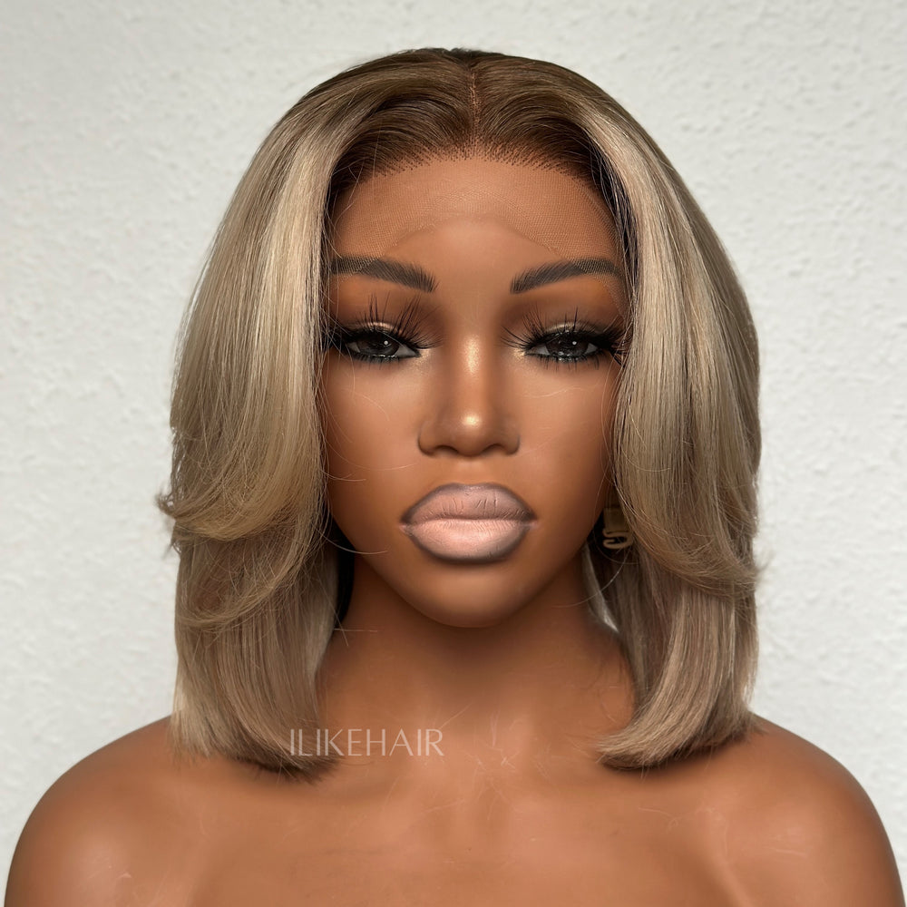 Ombre Ash Blonde Layered Cut Blowout Bob 13×4 Lace Frontal Wig