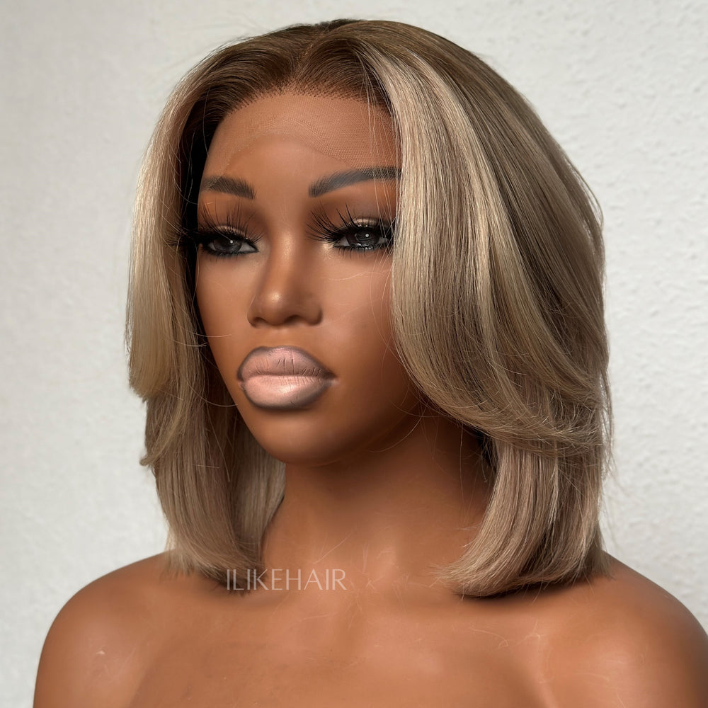 Ombre Ash Blonde Layered Cut Blowout Bob 13×4 Lace Frontal Wig