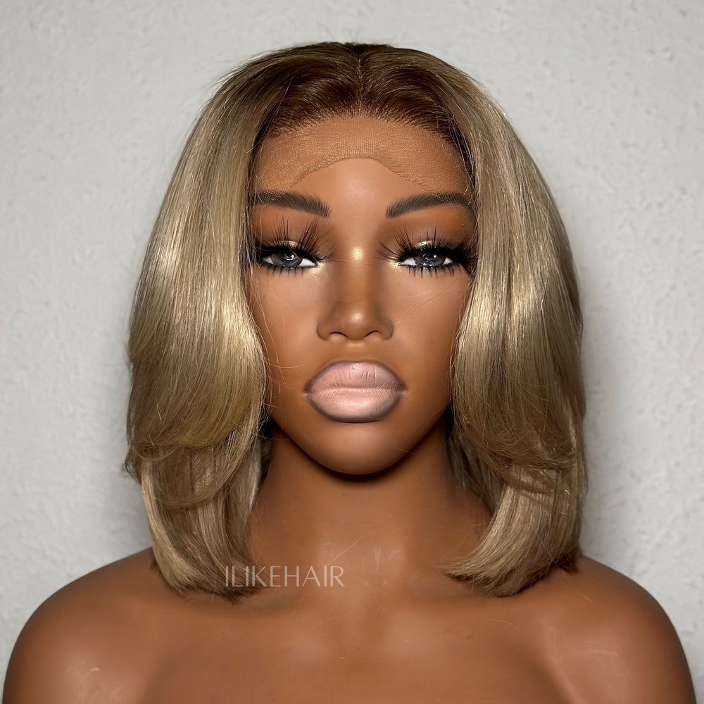 Ombre Ash Blonde Layered Cut Blowout Bob 13×4 Lace Frontal Wig