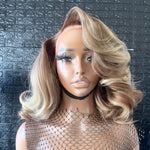 Blonde With Brown Highlight Wavy Layered Cut Frontal Lace Wig