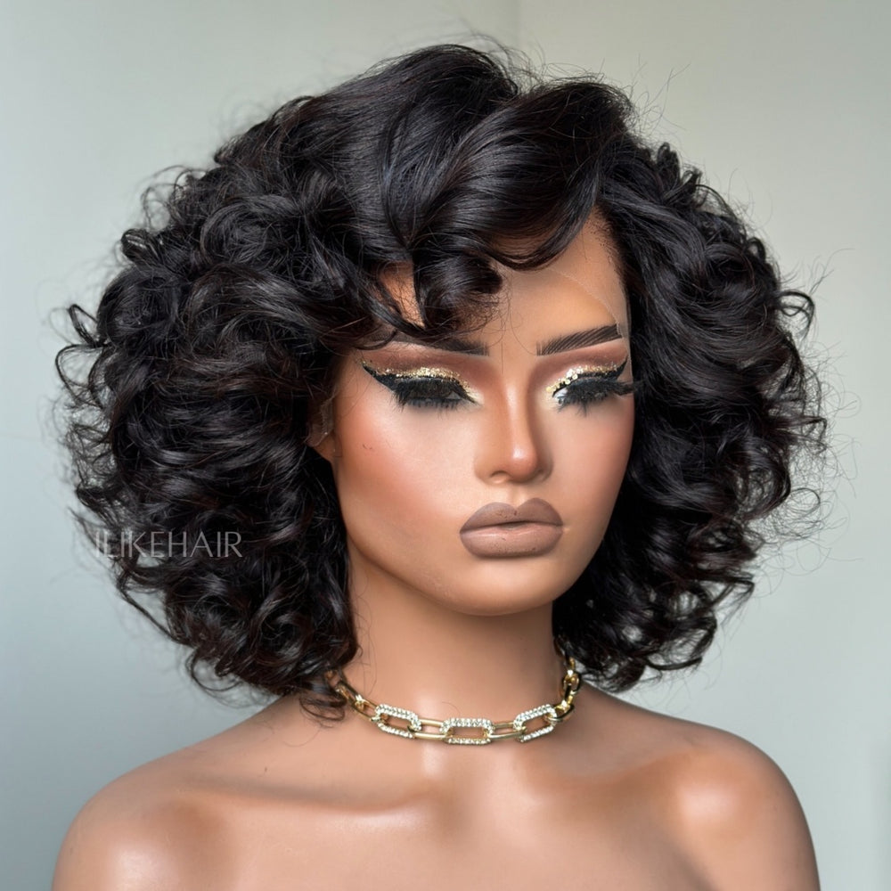 Side Part Fluffy Rose Curly Bob Lace Human Hair Wig