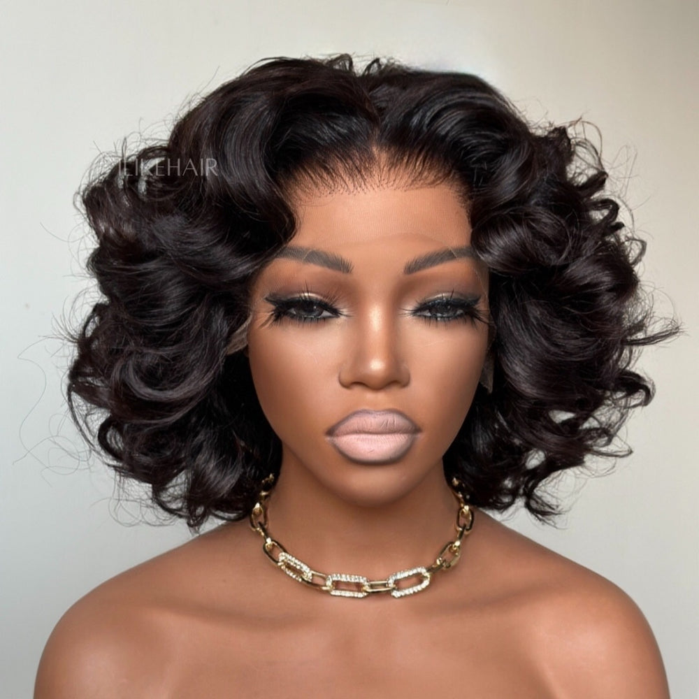 Short Black Bouncy Wave Bob Lace Closure Human Hair Wig