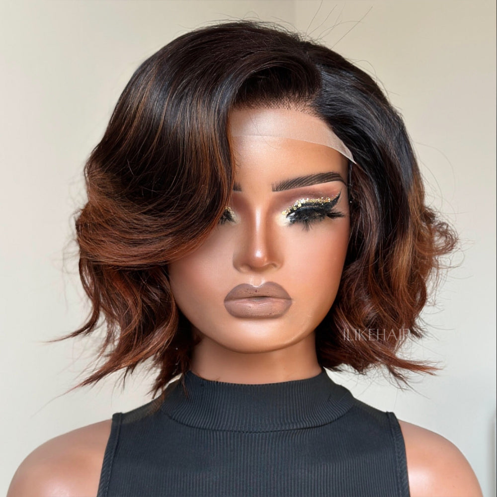 Side Part Ombre Brown Highlight Layered Fluffy Bob Lace Closure Wig