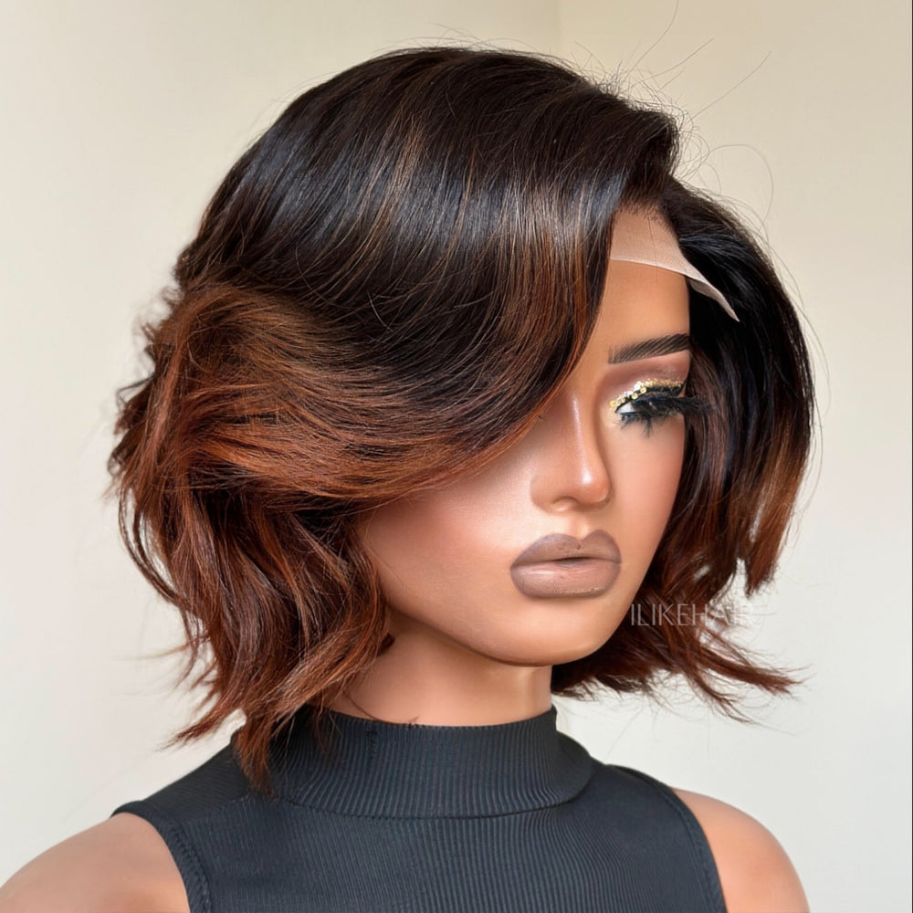 Side Part Ombre Brown Highlight Layered Fluffy Bob Lace Closure Wig