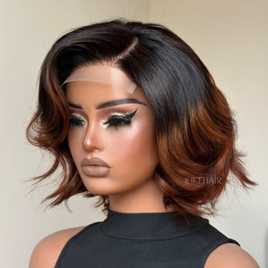 Side Part Ombre Brown Highlight Layered Fluffy Bob Lace Closure Wig