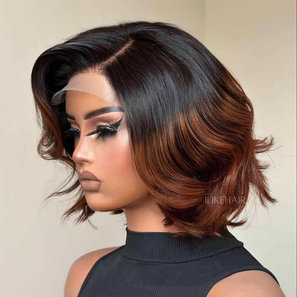 Side Part Ombre Brown Highlight Layered Fluffy Bob Lace Closure Wig