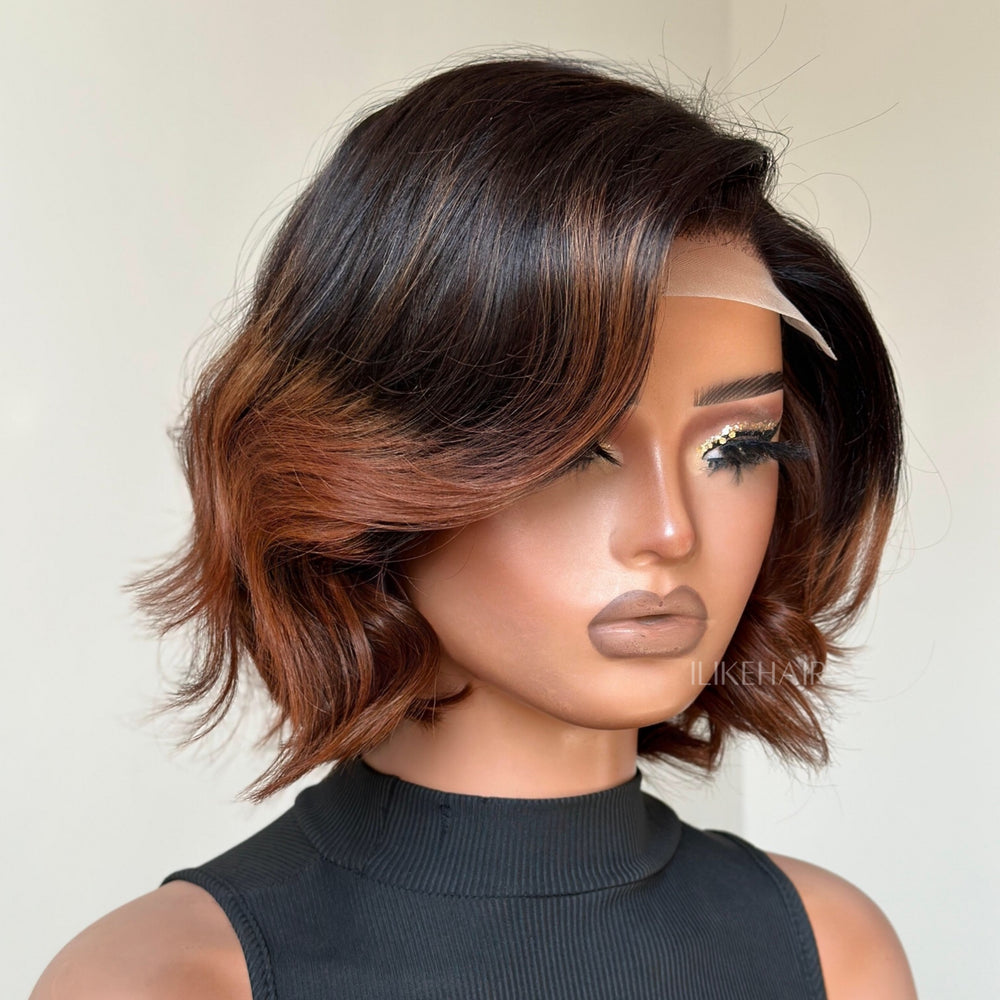 Side Part Ombre Brown Highlight Layered Fluffy Bob Lace Closure Wig