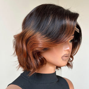 Side Part Ombre Brown Highlight Layered Fluffy Bob Lace Closure Wig