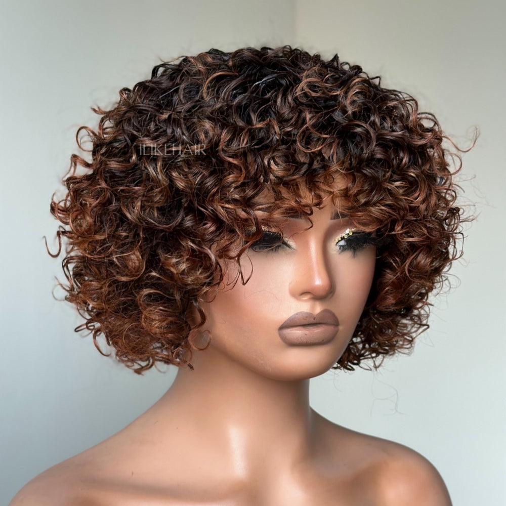 
            
                Load image into Gallery viewer, Put On &amp;amp; Go Short Ombre Auburn Brown Curly Wig With Bangs
            
        