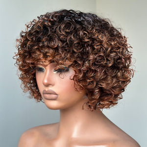 Put On & Go Short Ombre Auburn Brown Curly Wig With Bangs