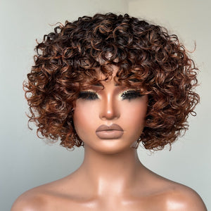 Put On & Go Short Ombre Auburn Brown Curly Wig With Bangs