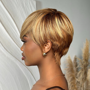 Brown With Blonde Highlight Short Pixie Cut Long Bang Glueless Wig