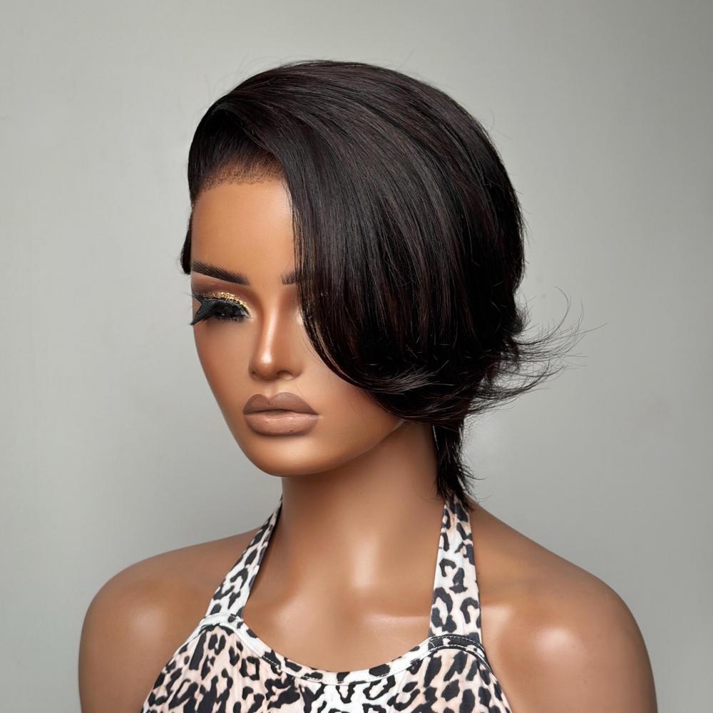 Short Pixie Cut With Long Bangs Full Lace Human Hair Wig