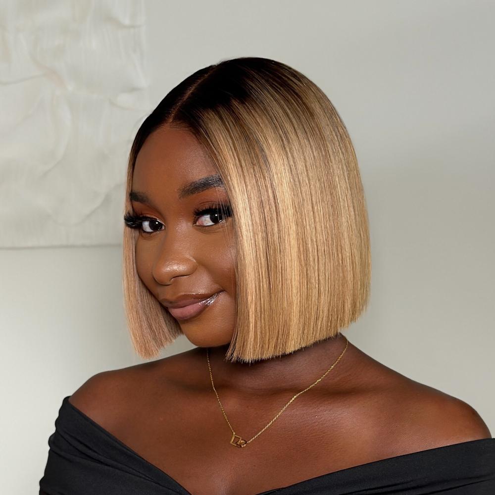 Ombre Blonde Highlight with Brown Blunt Cut Bob 5x5 Lace Closure Wig