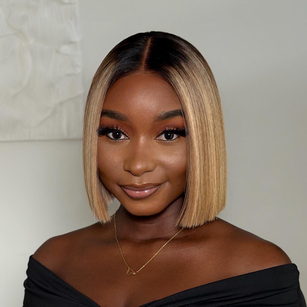 Ombre Blonde Highlight with Brown Blunt Cut Bob 5x5 Lace Closure Wig