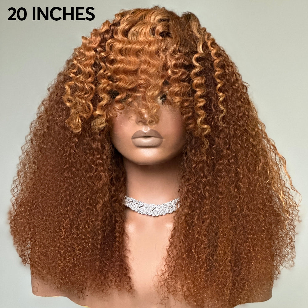 Glueless Light Brown Highlight Curly Bob Wig With Bangs