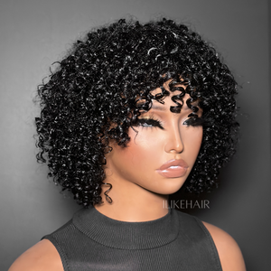 Put On & Go Kinky Curly Bob Human Hair Wig With Bangs