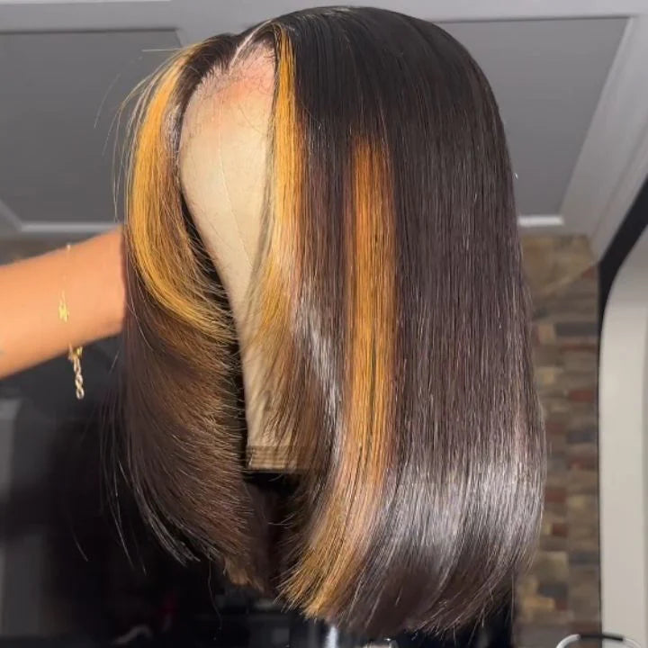 Highlight Honey Layer Cut Straight Short 5x5 Lace Front Bob Wig Glueless Human Hair Wig