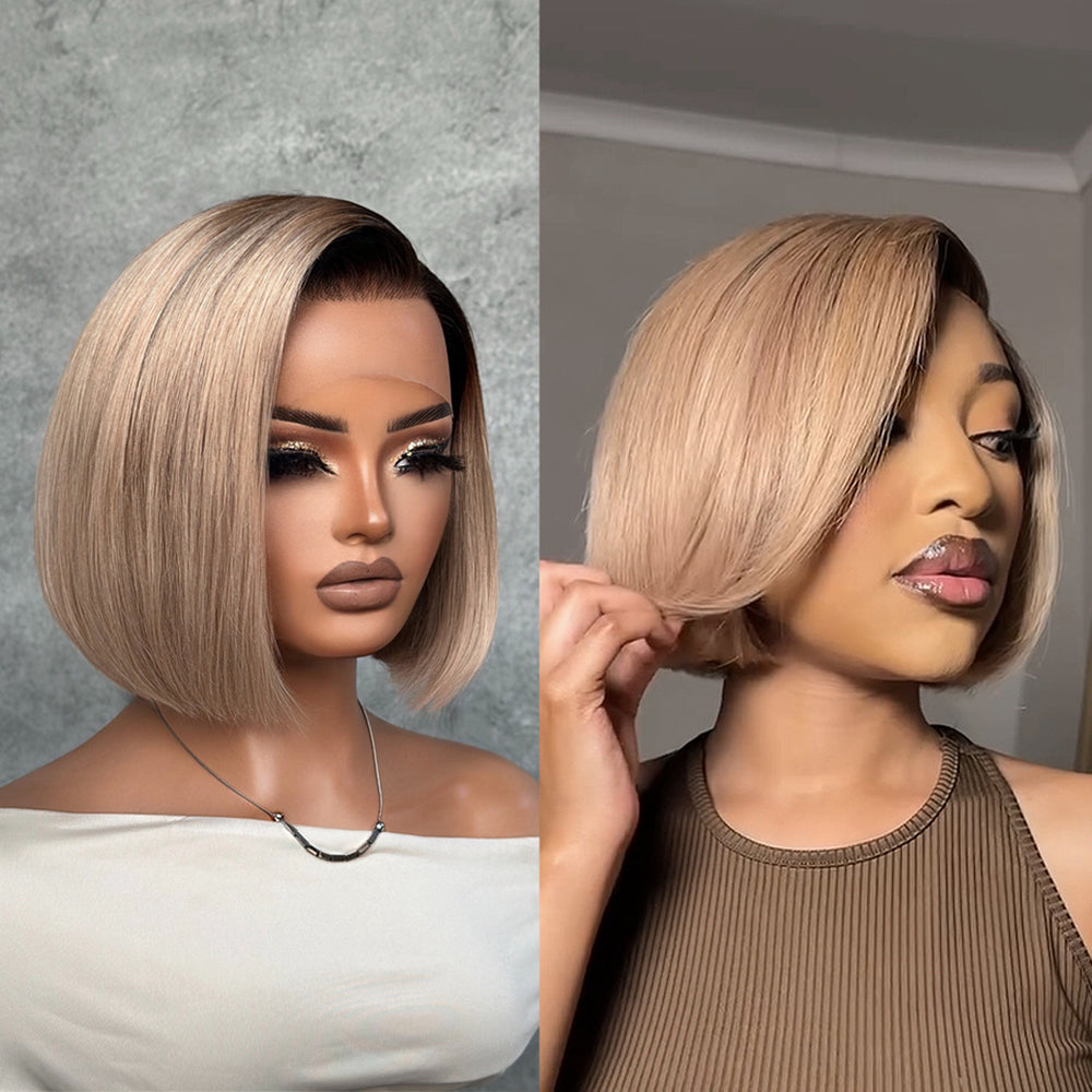 
            
                Load image into Gallery viewer, Ash Blonde Ombre Blunt Cut Bob 13x4 Lace Frontal Wig
            
        