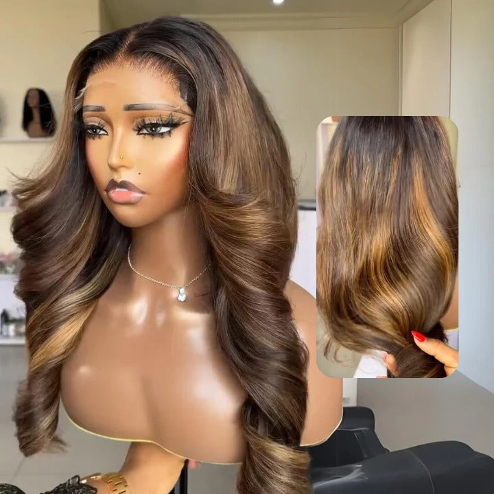 Blonde Mix Brown Highlight Body Wave Lace Human Hair Wig